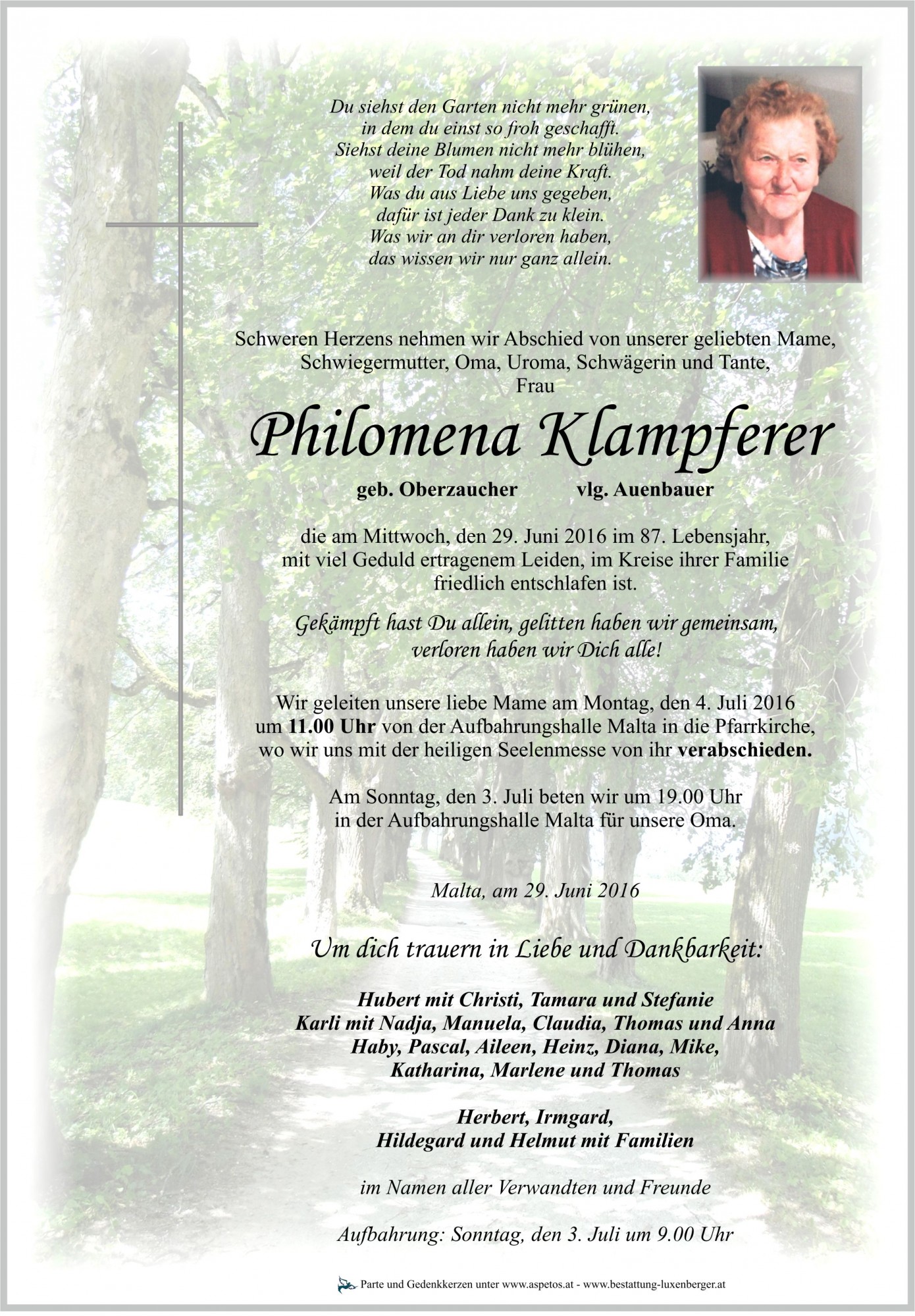 Traueranzeige von Philomena Klampferer