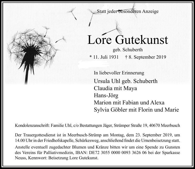 Traueranzeige von Lore Gutekunst