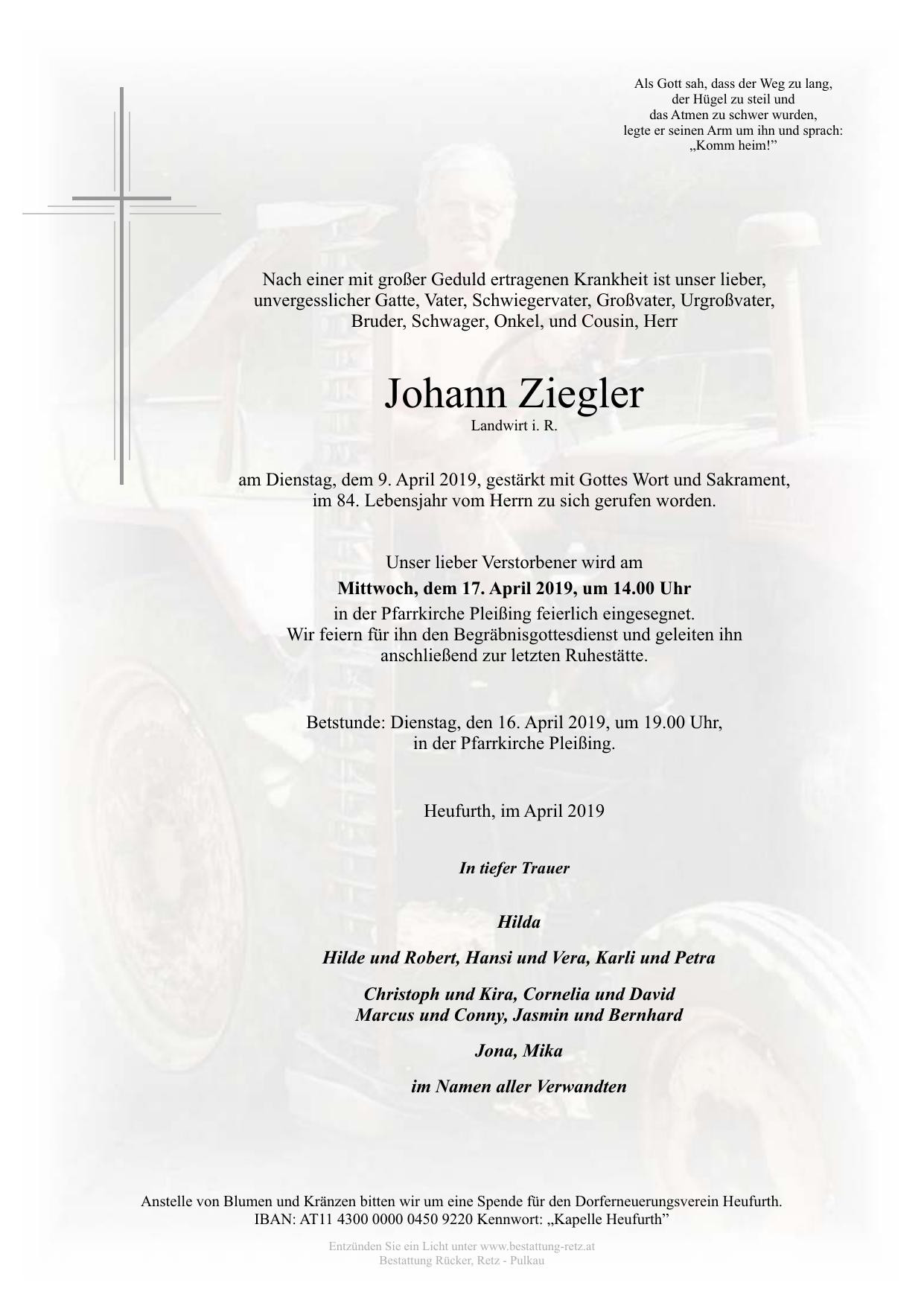 Traueranzeige von Johann Ziegler