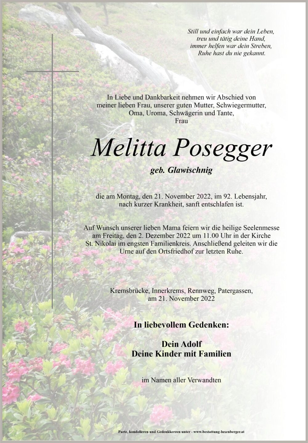 Traueranzeige von Melitta Posegger