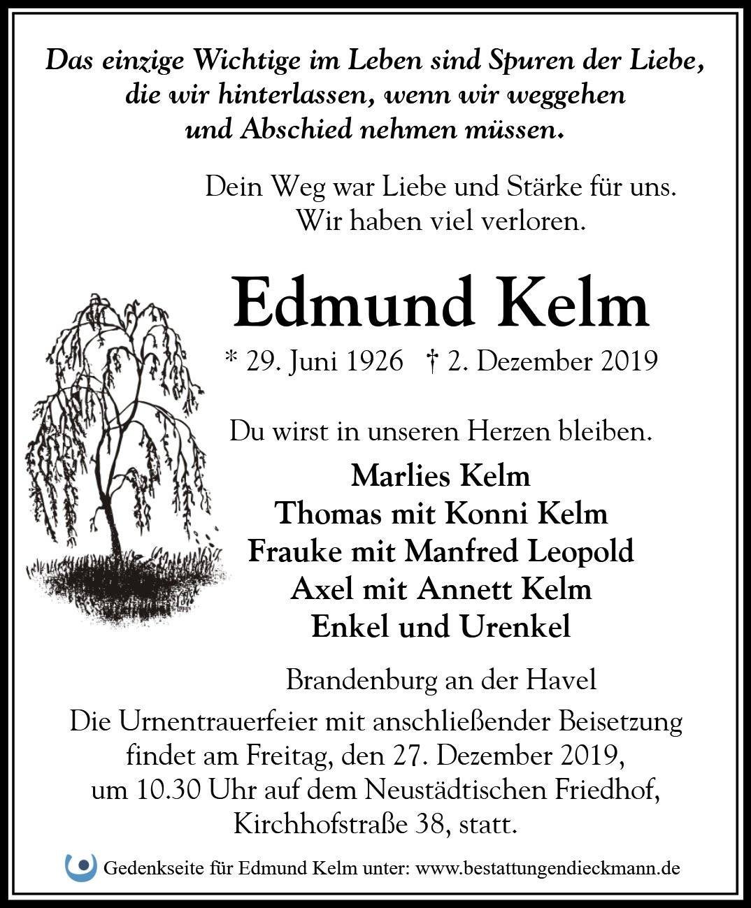 Traueranzeige von Edmund Kelm