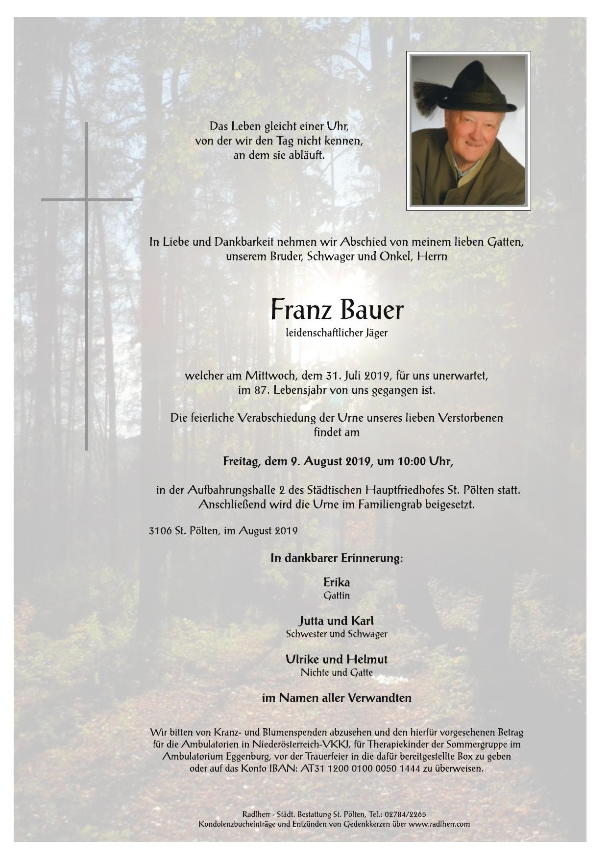 Traueranzeige von Franz Bauer