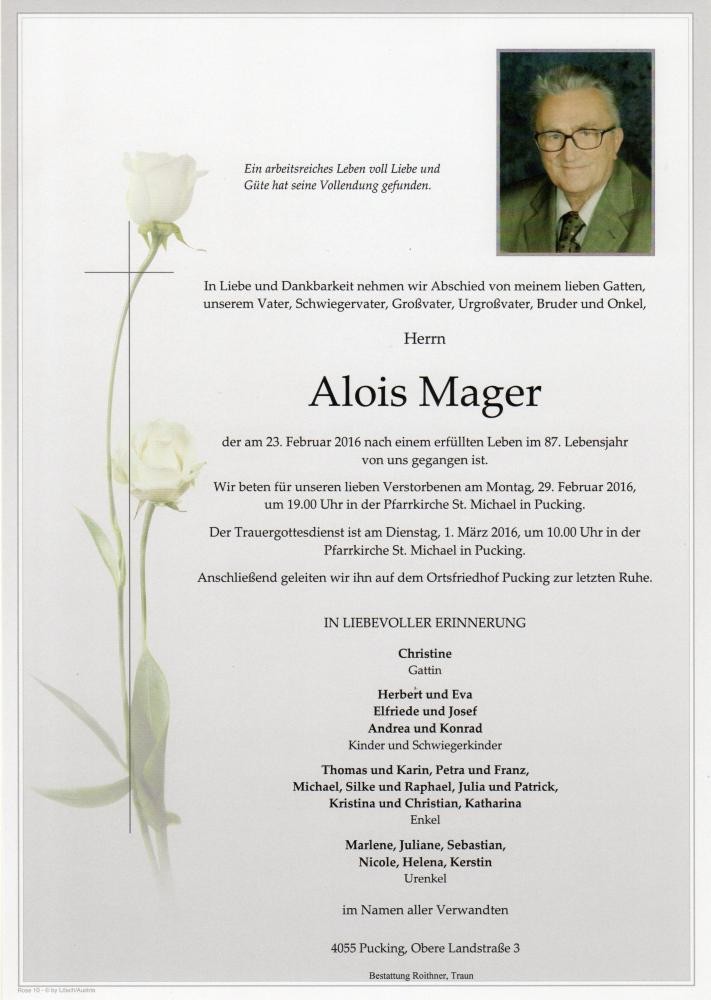 Traueranzeige von Alois Mager