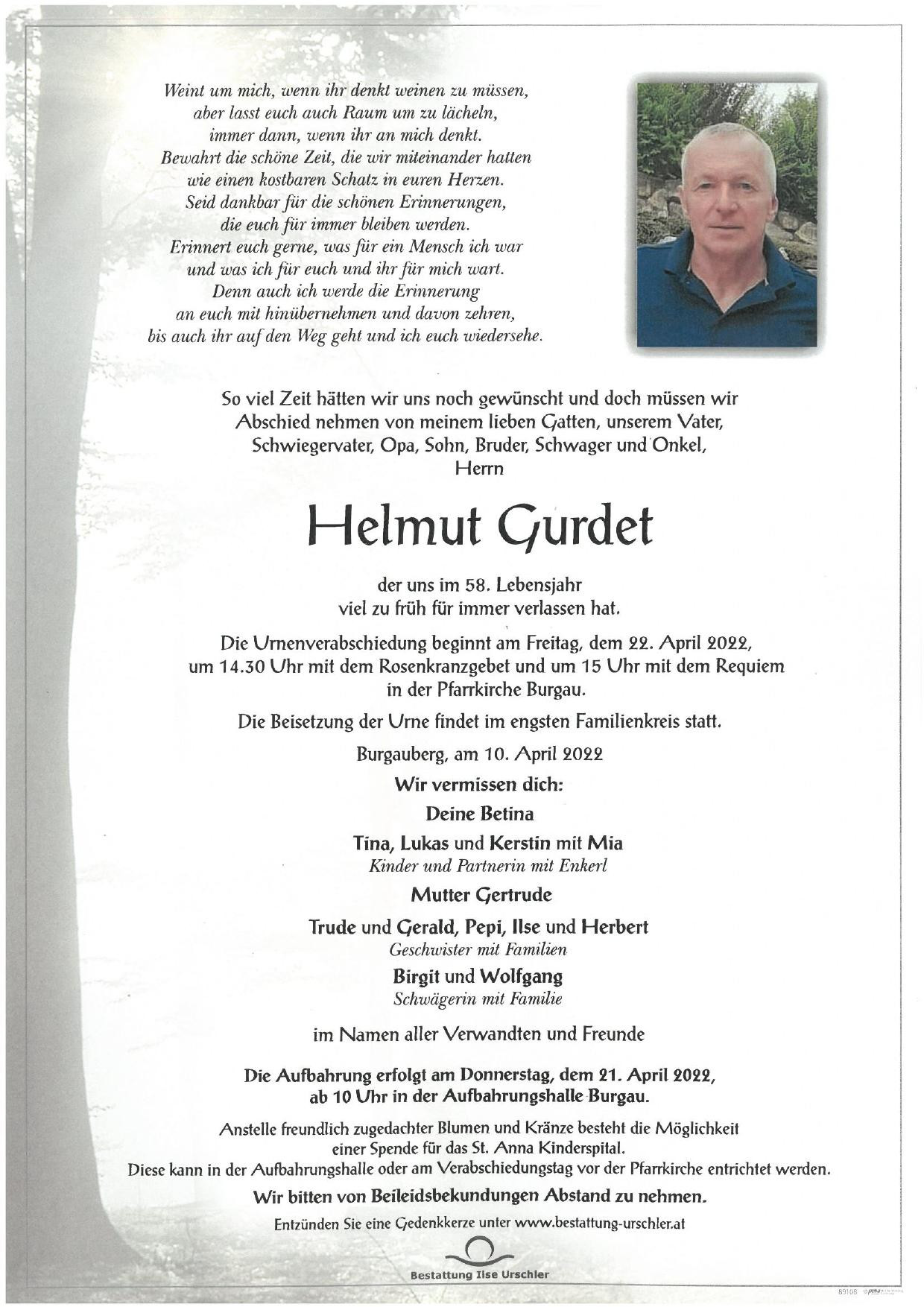 Traueranzeige von Helmut Gurdet