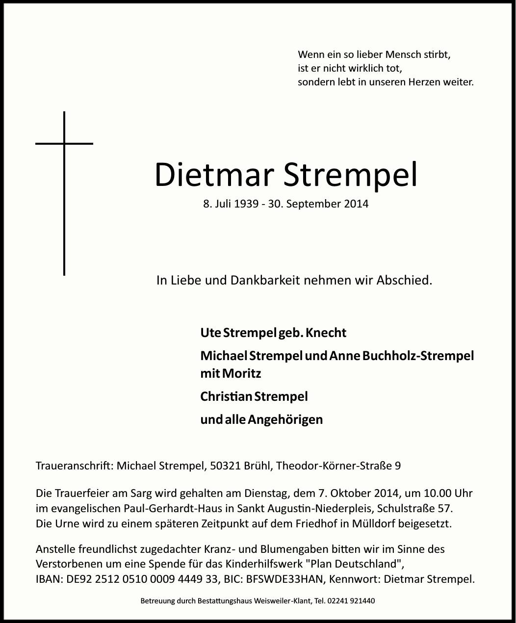 Traueranzeige von Dietmar Strempel