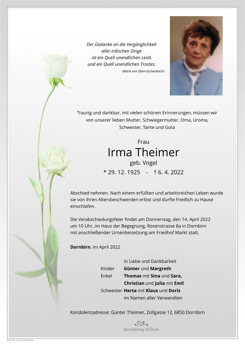 Traueranzeige von Irma Theimer