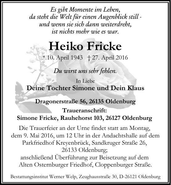 Traueranzeige von Heiko Fricke
