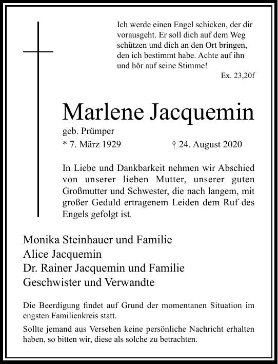 Traueranzeige von Marlene Jacquemin