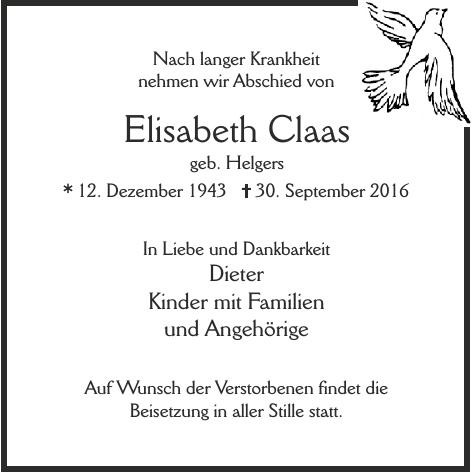 Traueranzeige von Elisabeth Claas