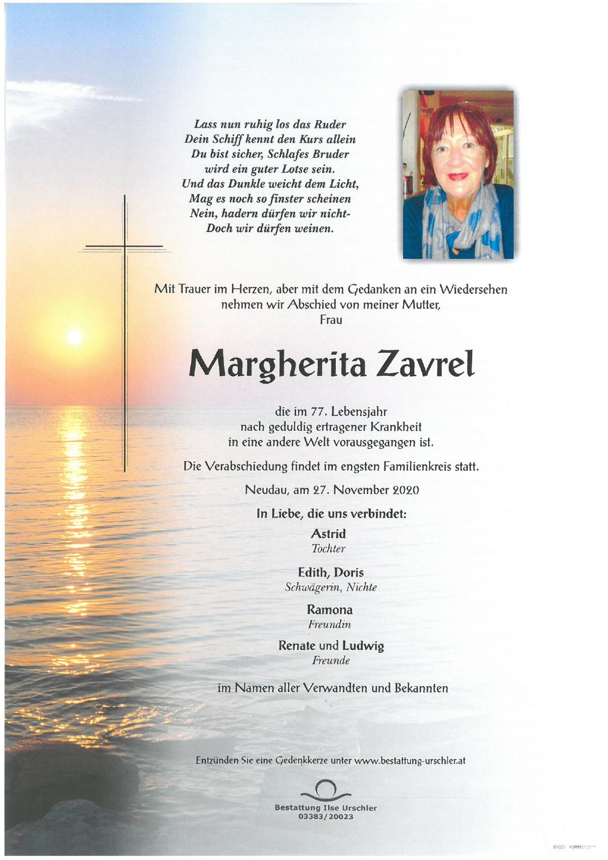 Traueranzeige von Margherita Zavrel