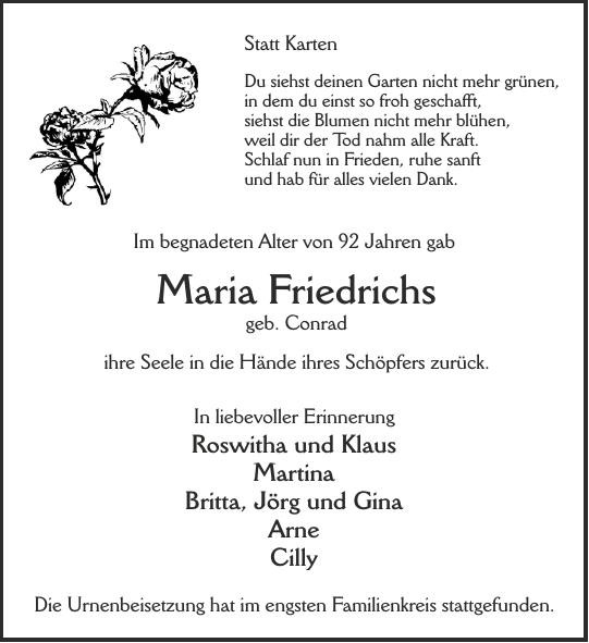 Traueranzeige von Maria Friedrichs