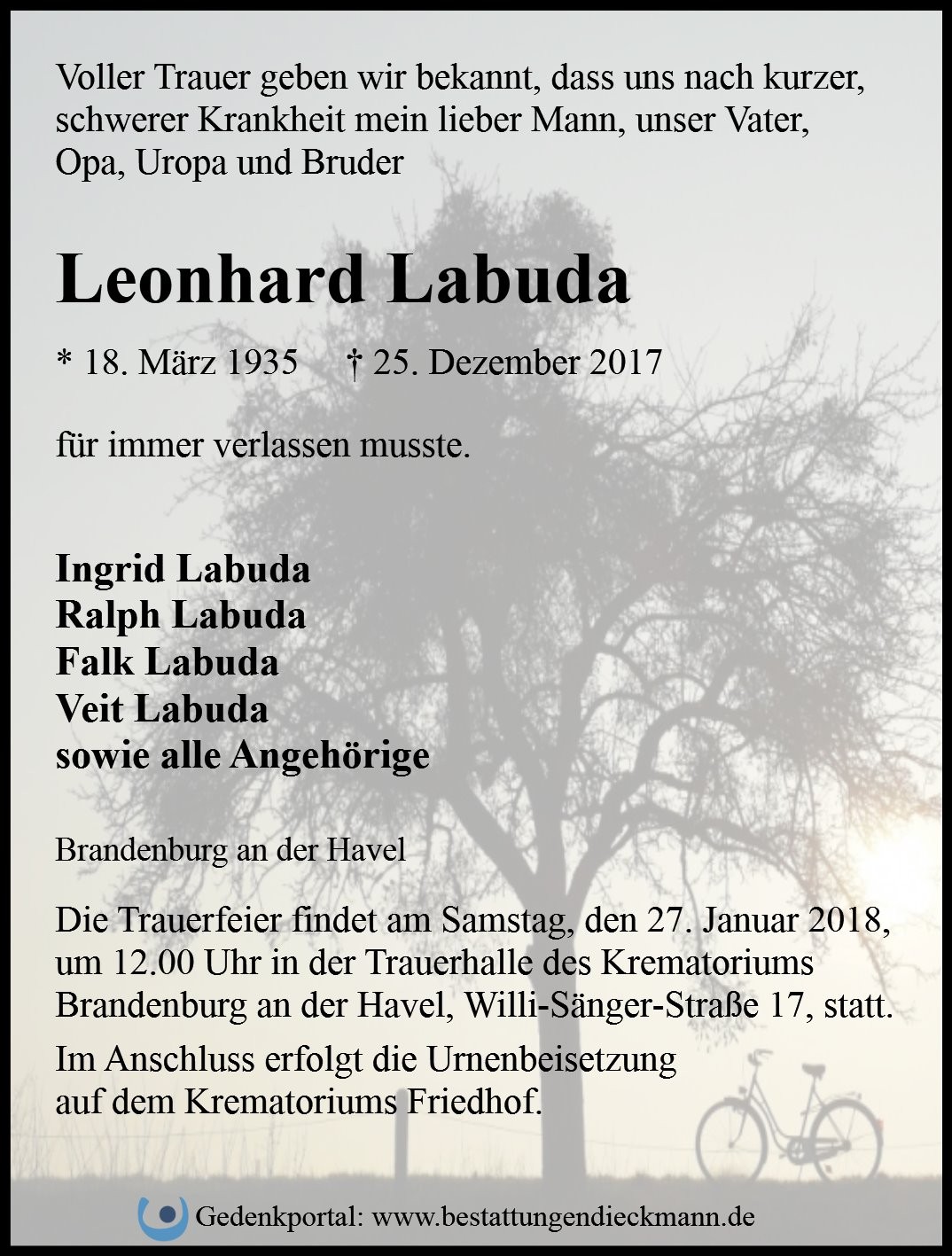 Traueranzeige von Leonhard Labuda