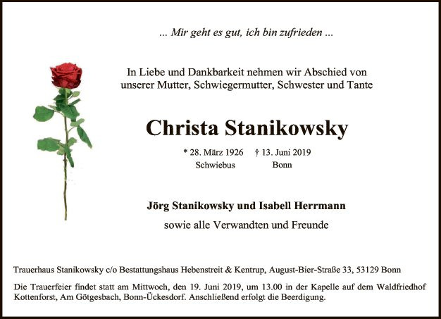 Traueranzeige von Christa Stanikowsky