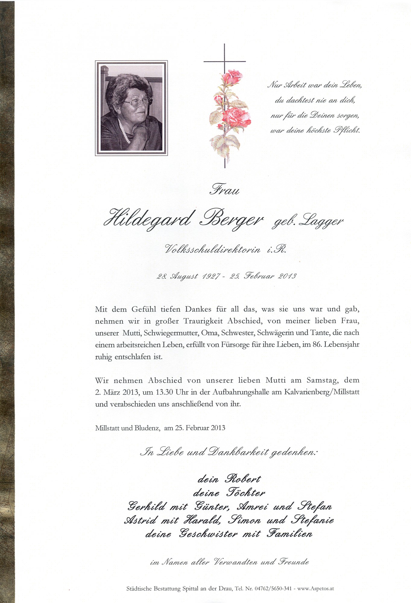Traueranzeige von Hildegard Berger
