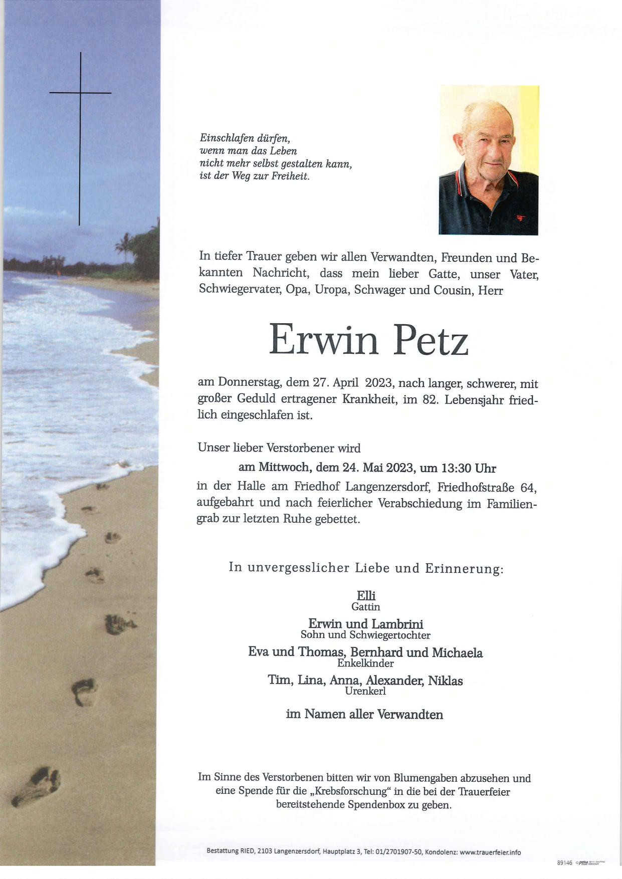 Traueranzeige von Erwin Petz
