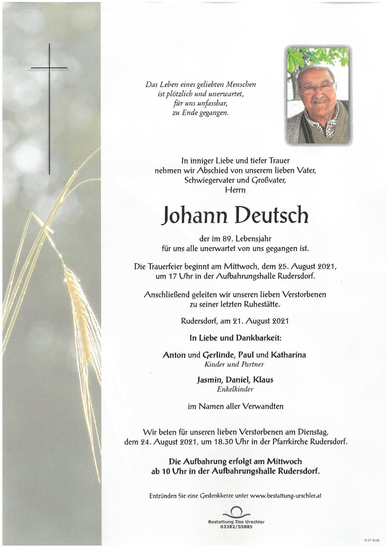 Traueranzeige von Johann Deutsch