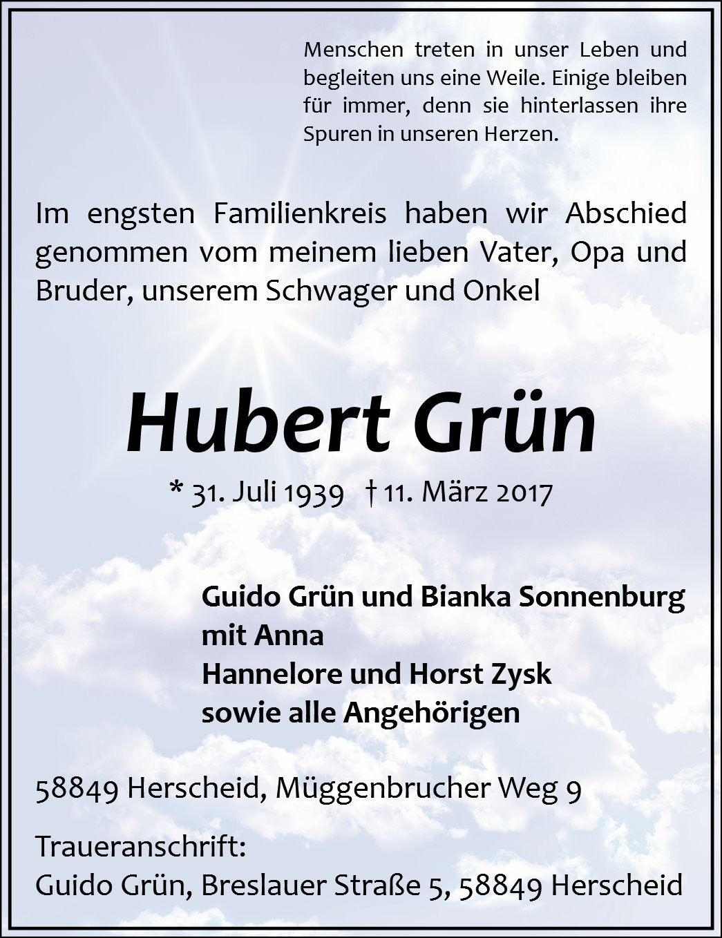 Traueranzeige von Hubert Grün