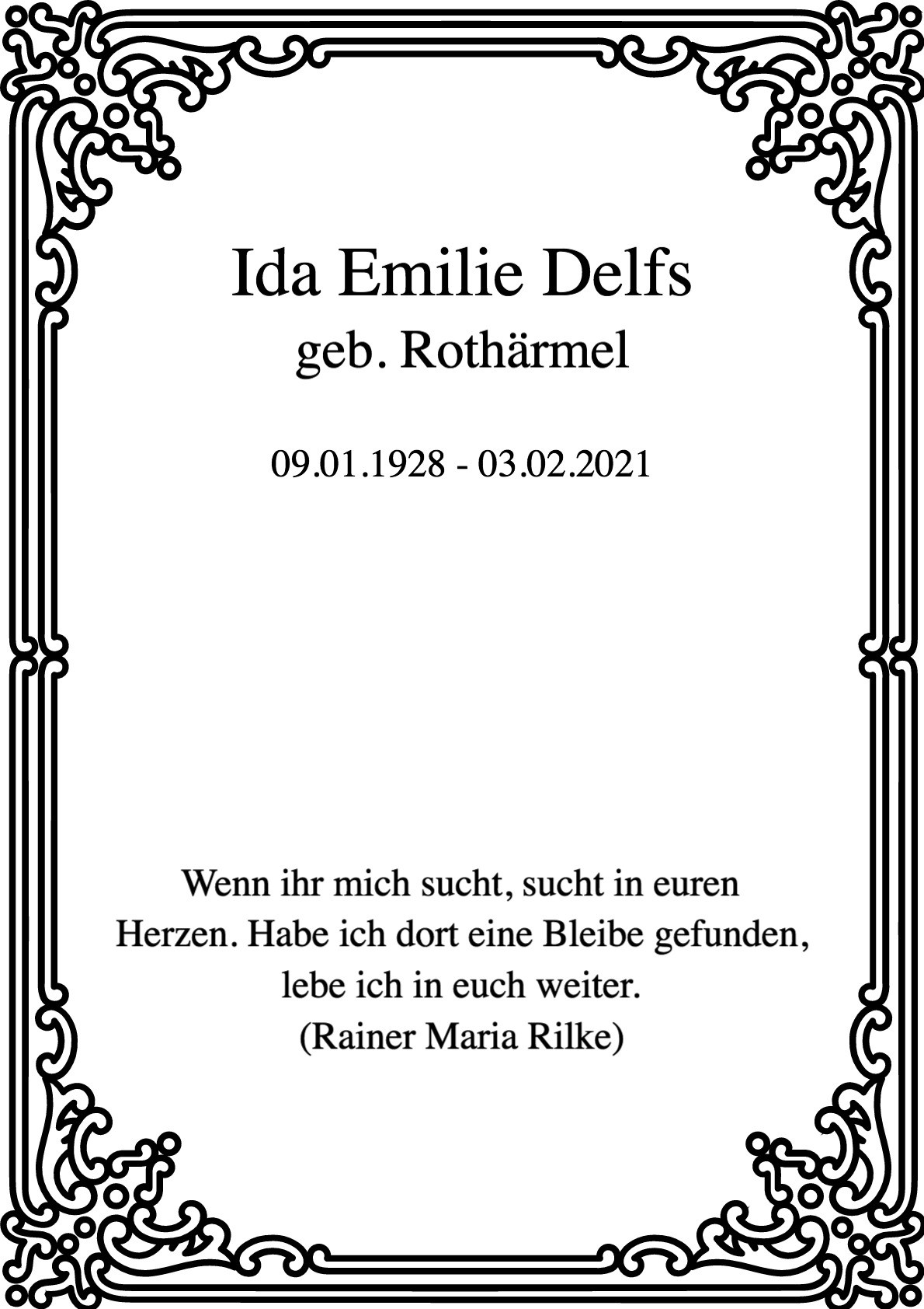 Traueranzeige von Ida Emilie Delfs