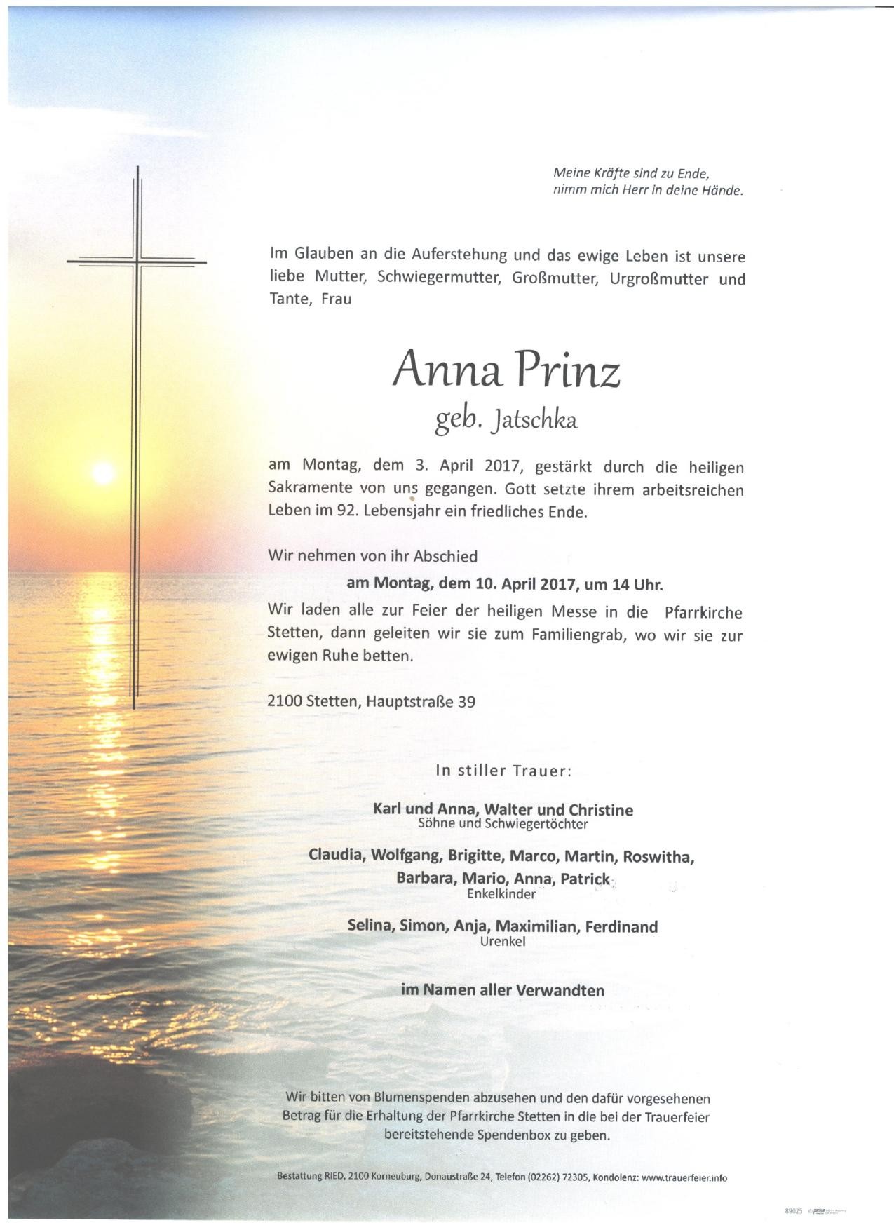 Traueranzeige von Anna Prinz