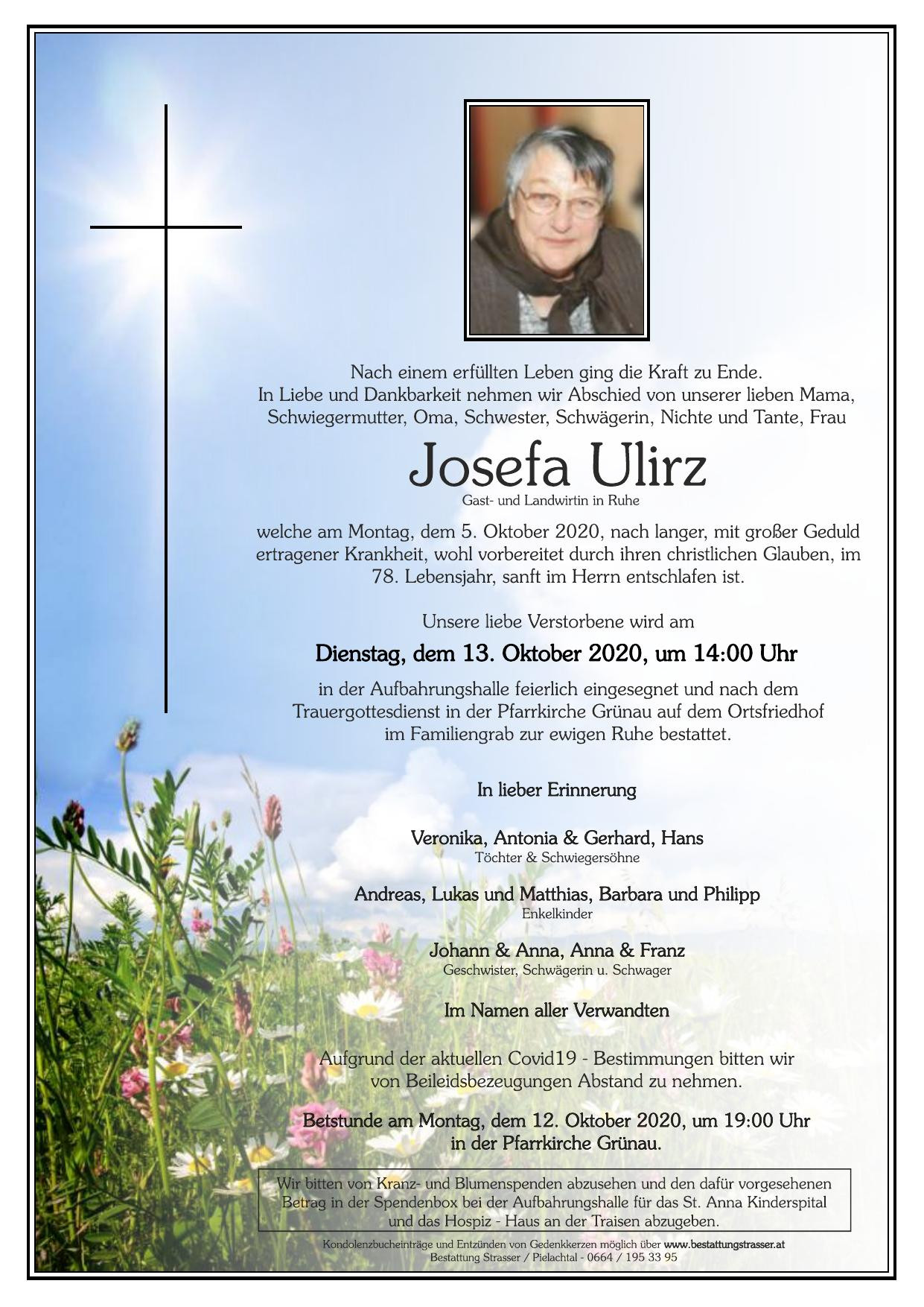 Traueranzeige von Josefa Ulirz