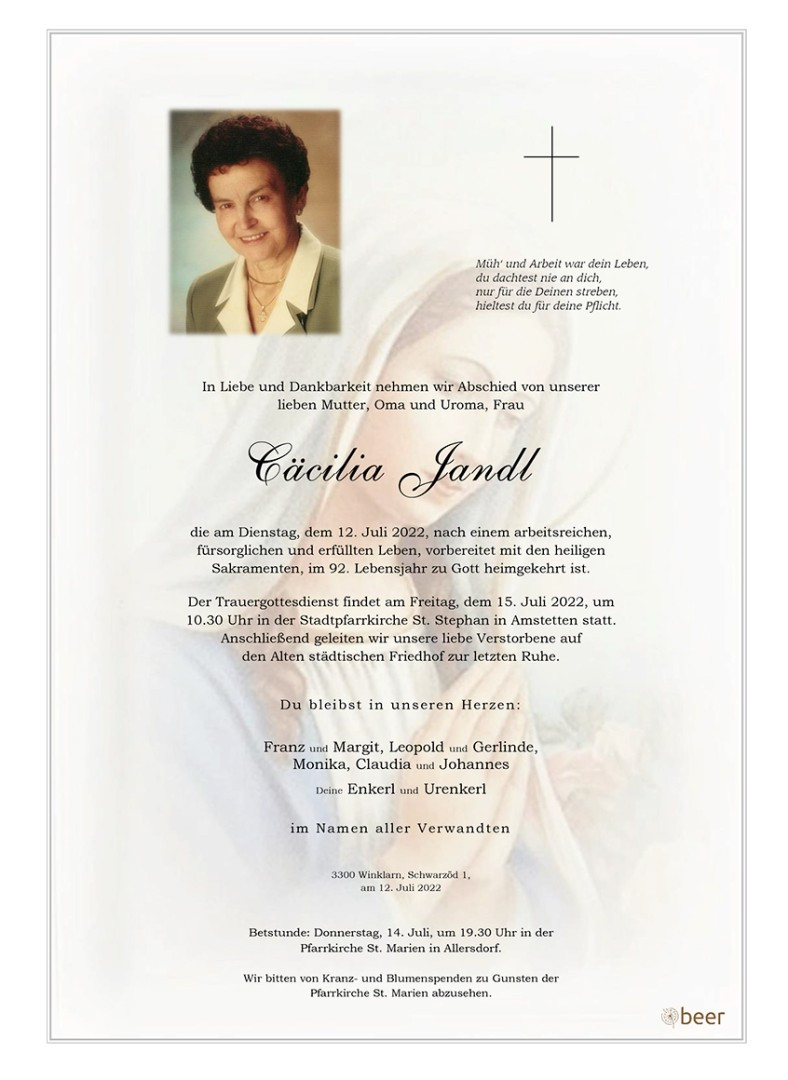 Traueranzeige von Cäcilia Jandl