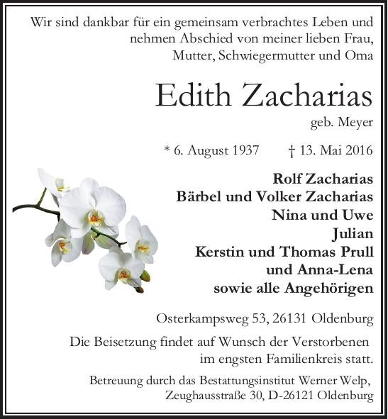 Traueranzeige von Edith Zacharias