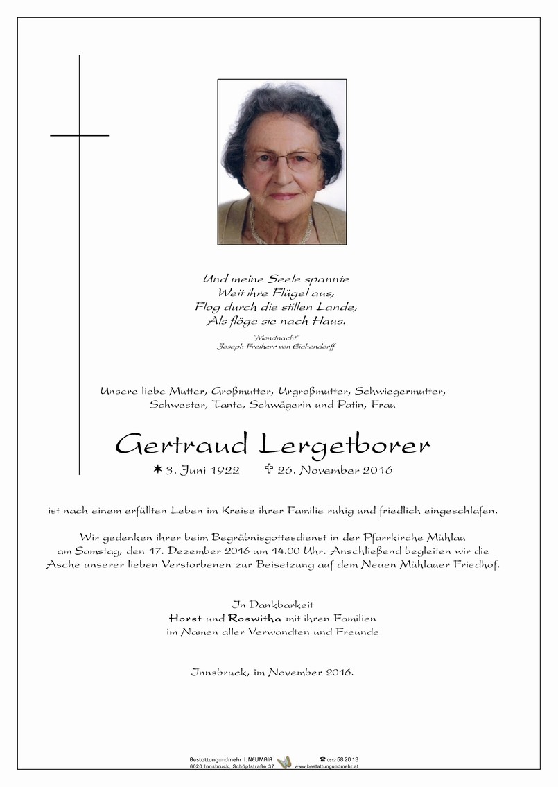 Traueranzeige von Gertraud Lergetborer