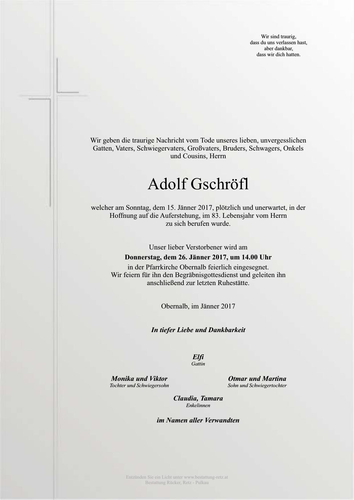 Traueranzeige von Adolf Gschröfl