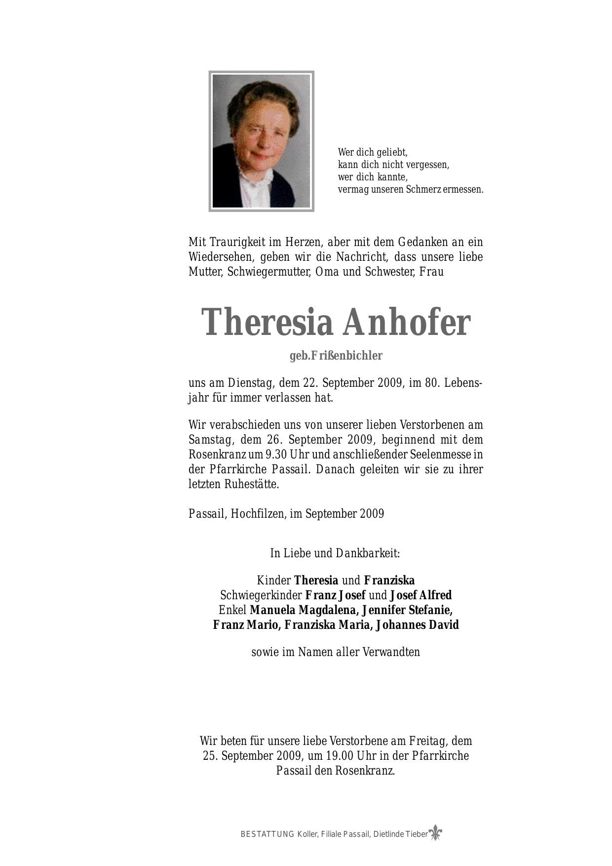 Traueranzeige von Theresia Anhofer