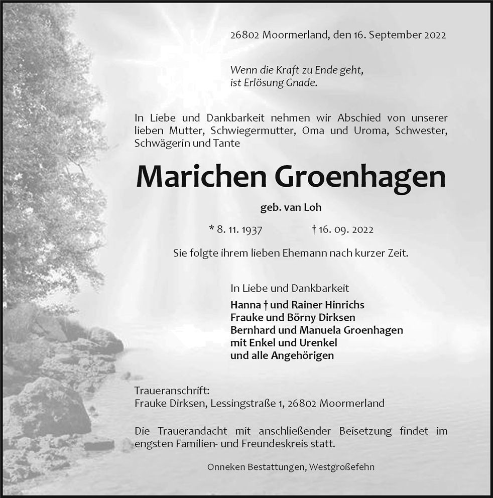Traueranzeige von Marichen Groenhagen