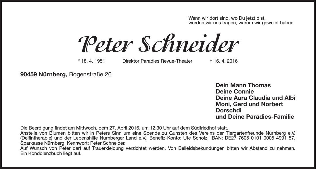 Traueranzeige von Peter Schneider