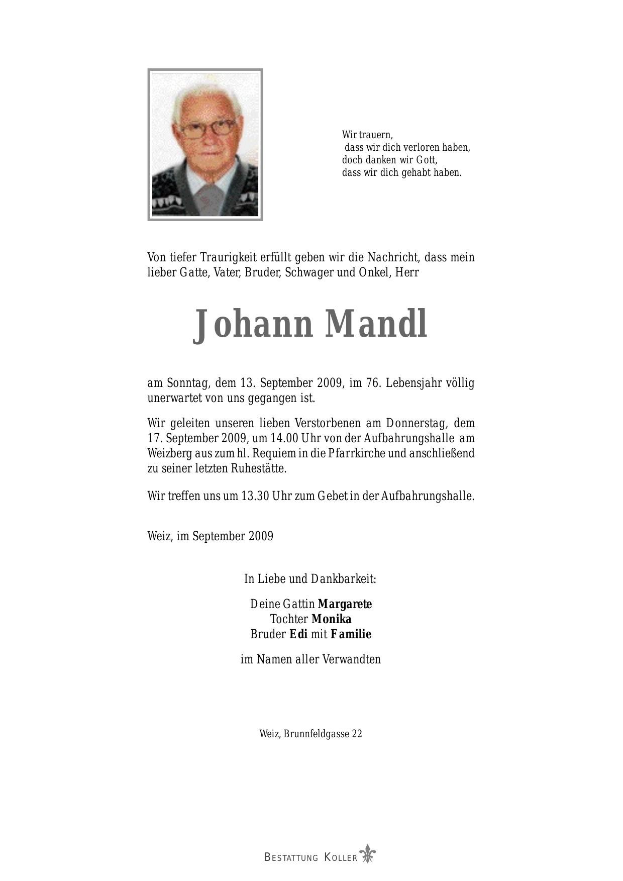 Traueranzeige von Johann Mandl