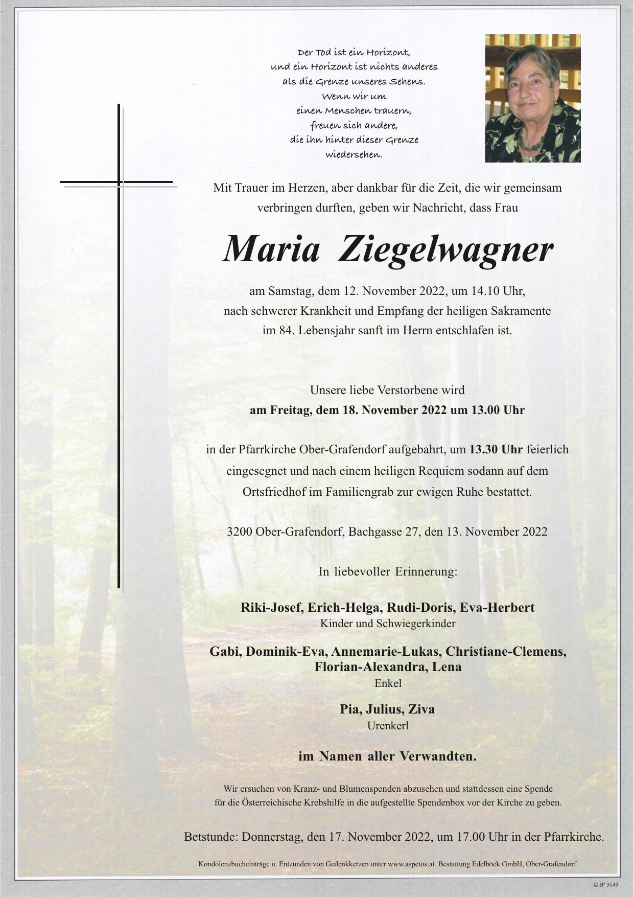 Traueranzeige von Maria Ziegelwagner