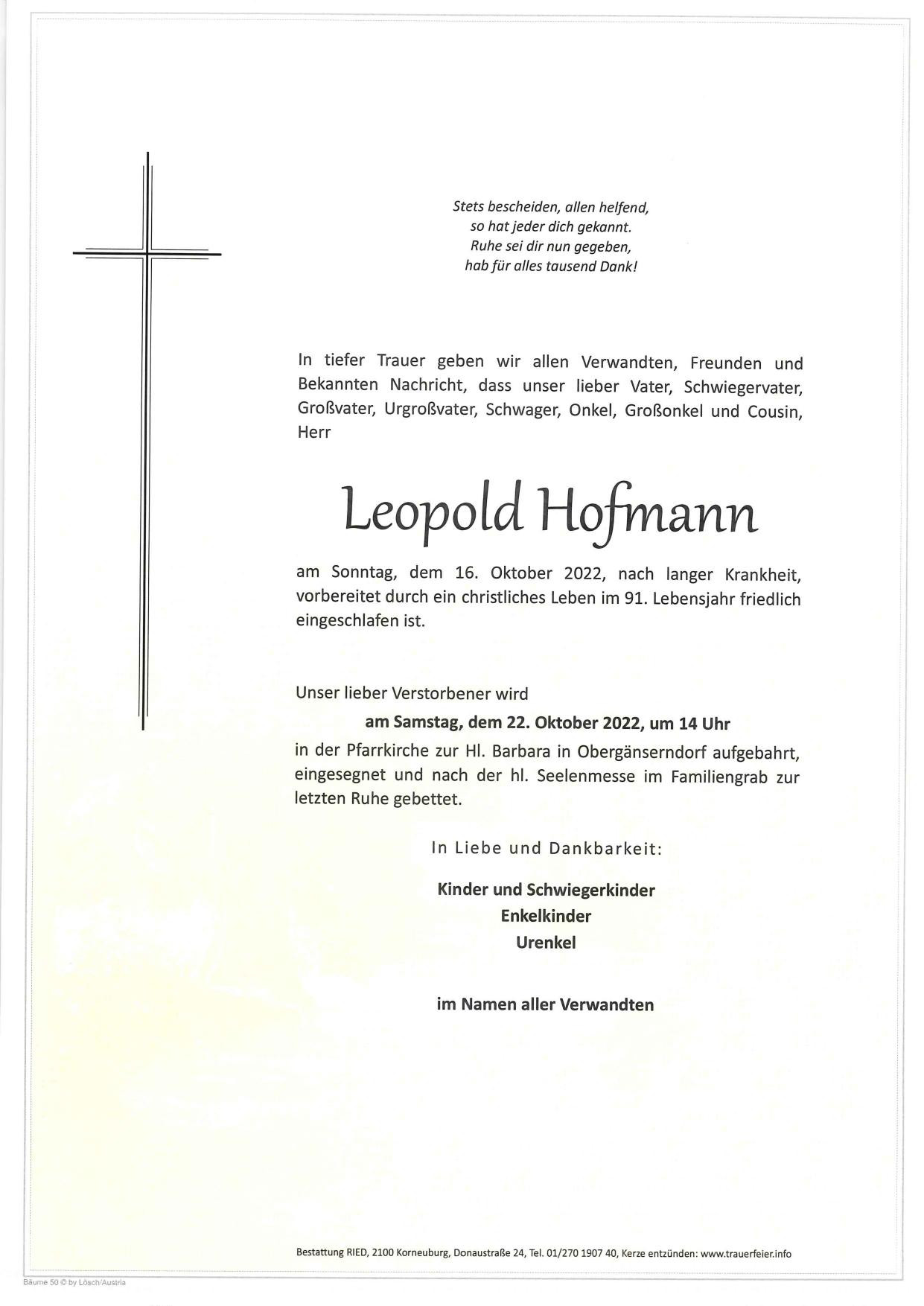 Traueranzeige von Leopold Hofmann