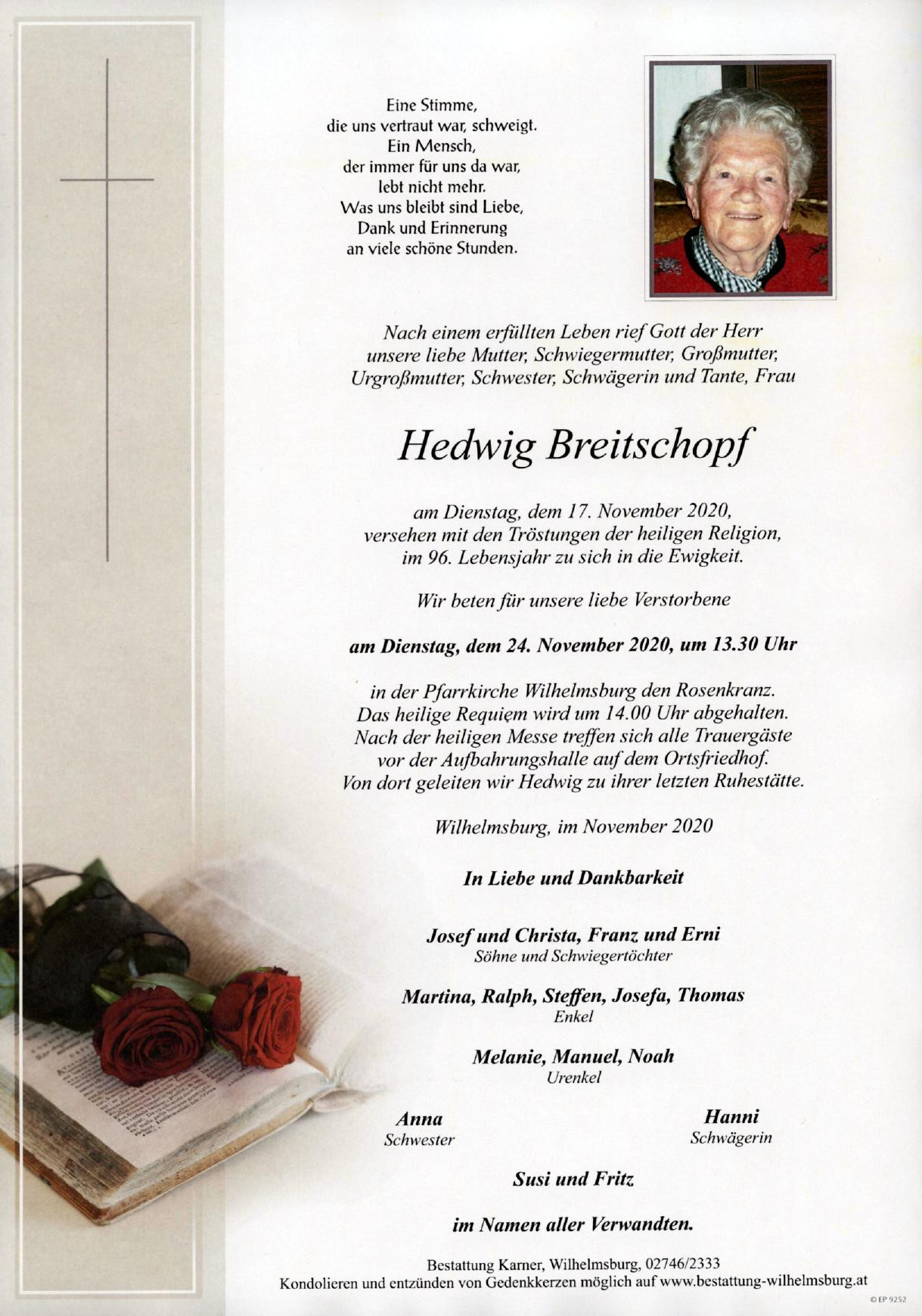 Traueranzeige von Hedwig Breitschopf