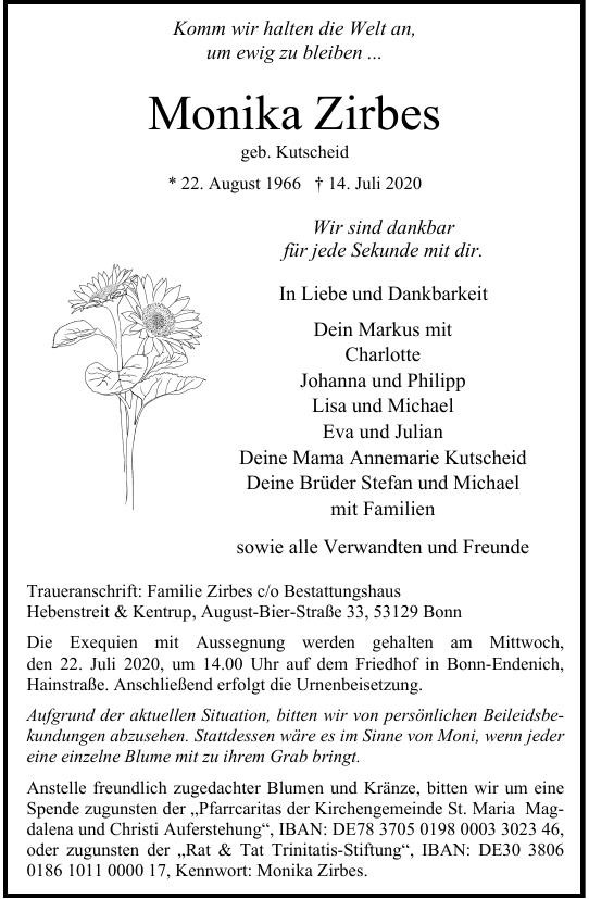 Traueranzeige von Monika Zirbes