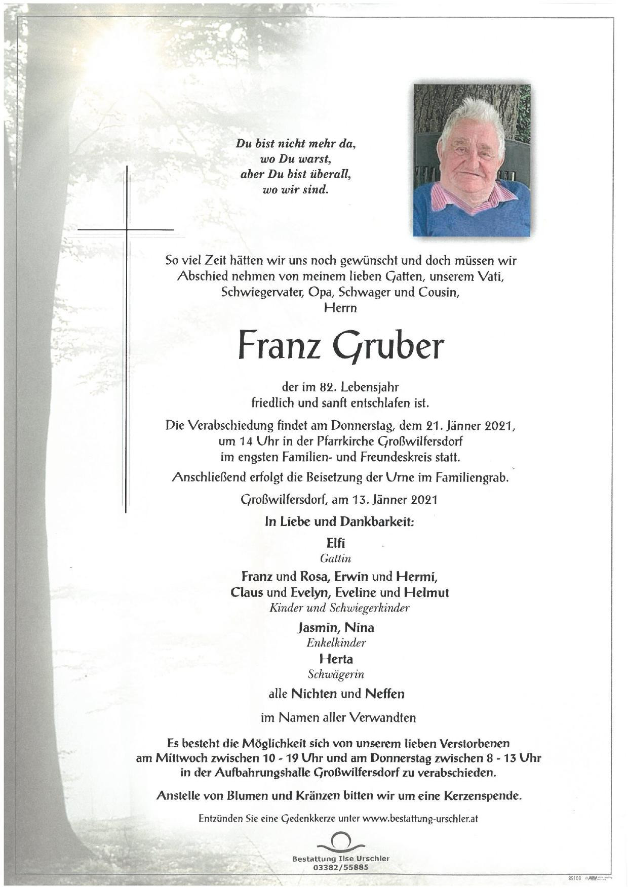Traueranzeige von Franz Gruber