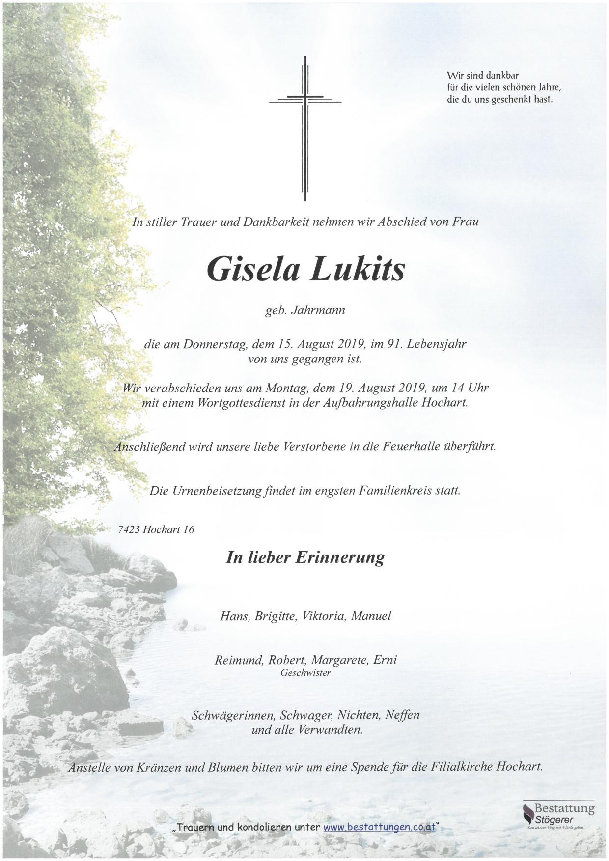 Traueranzeige von Gisela Lukits
