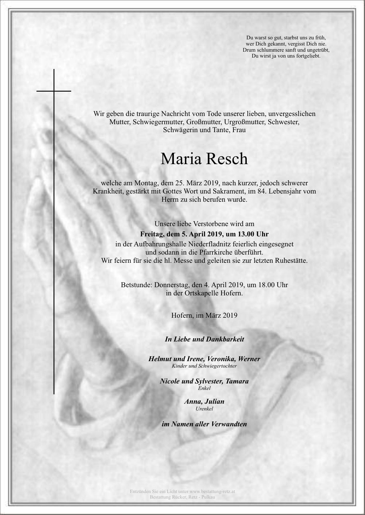 Traueranzeige von Maria Resch