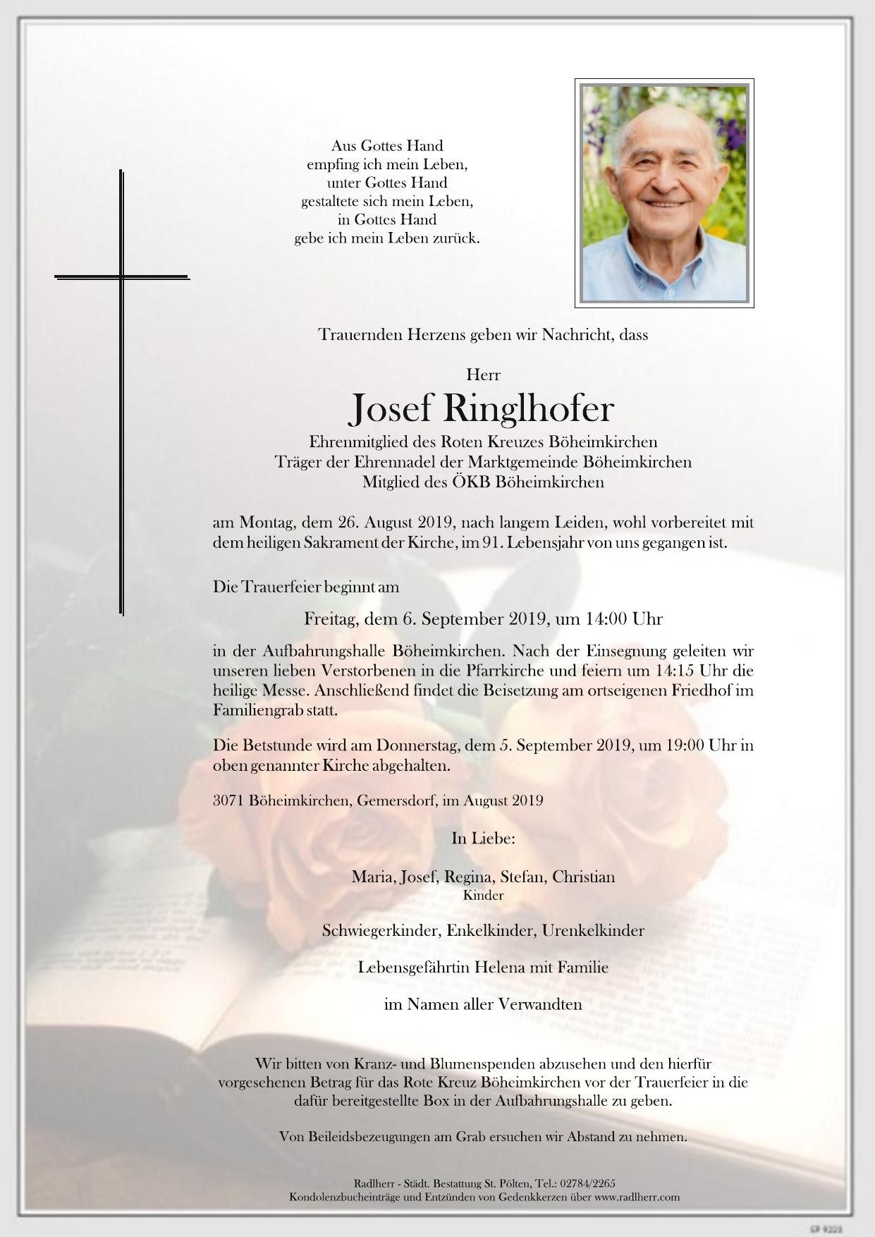 Traueranzeige von Josef Ringlhofer