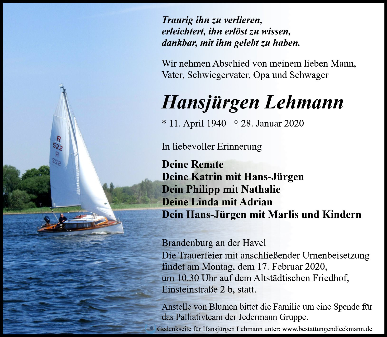 Traueranzeige von Hansjürgen Lehmann