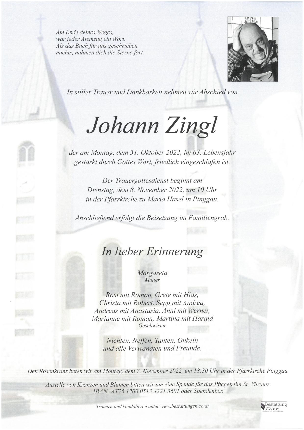 Traueranzeige von Johann Zingl