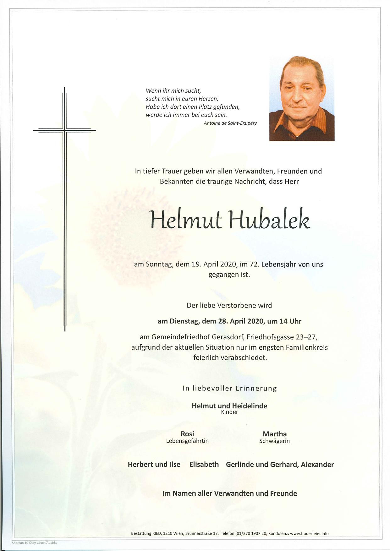 Traueranzeige von Helmut Hubalek