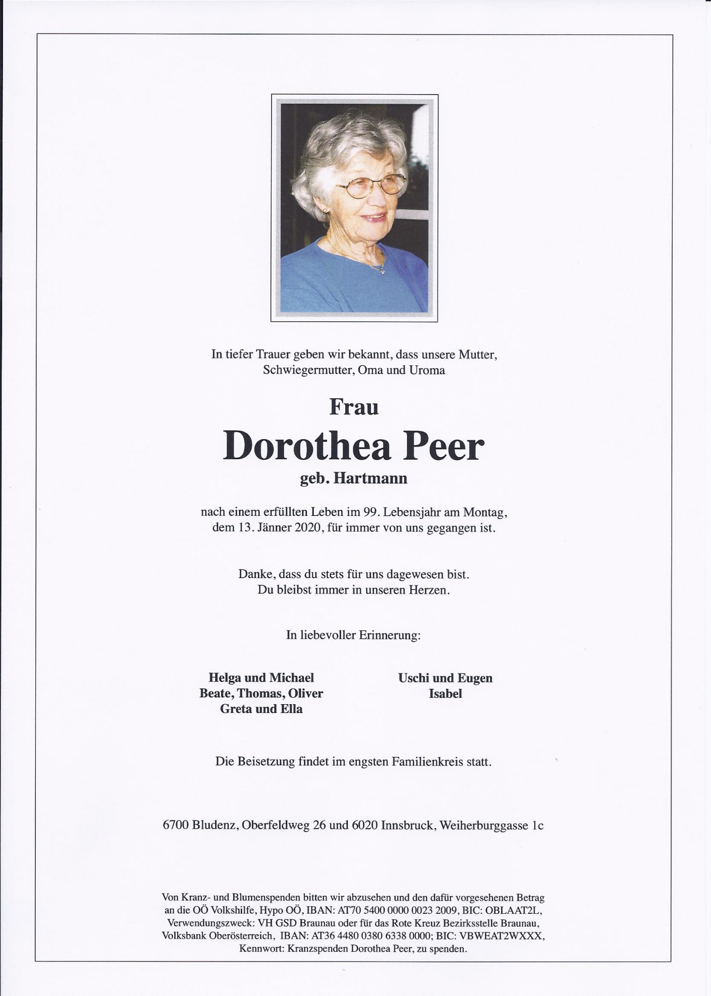 Traueranzeige von Dora Peer