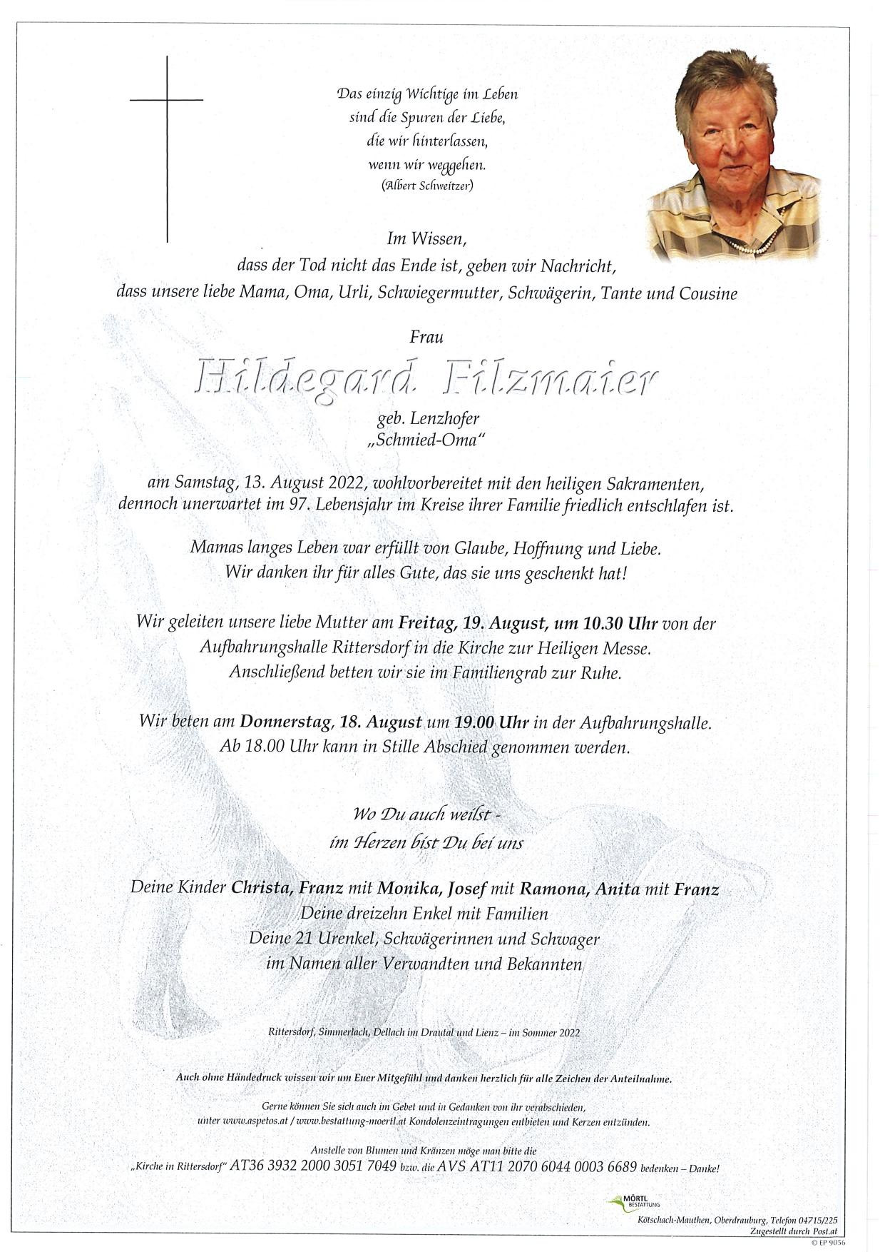 Traueranzeige von Hildegard Filzmaier