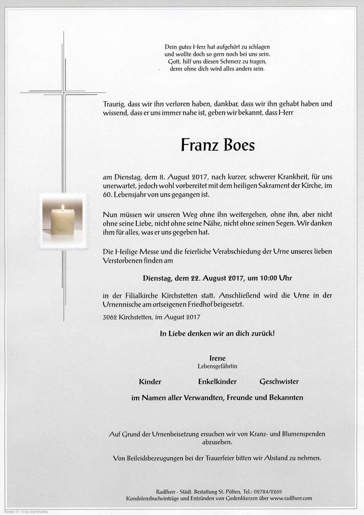Traueranzeige von Franz Boes