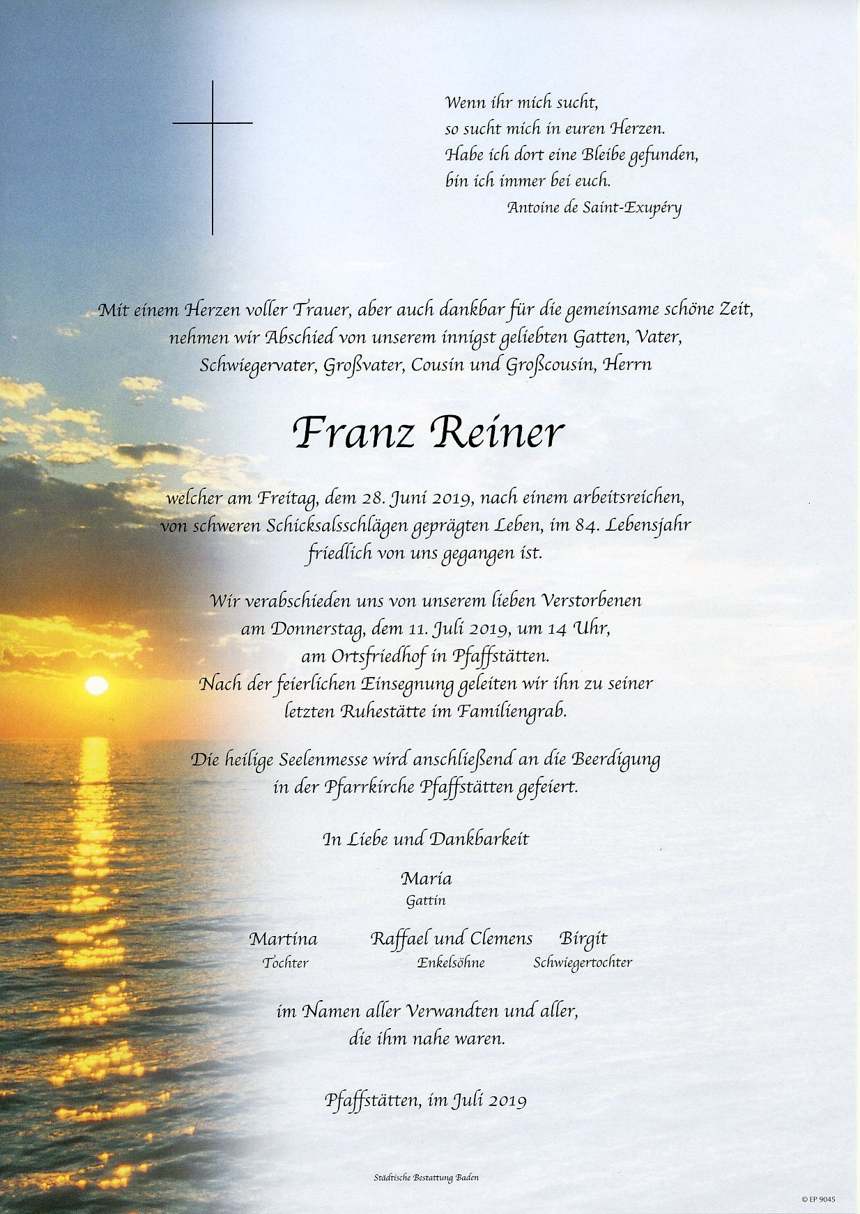 Traueranzeige von Franz Reiner