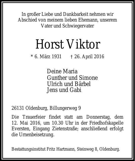 Traueranzeige von Horst Viktor