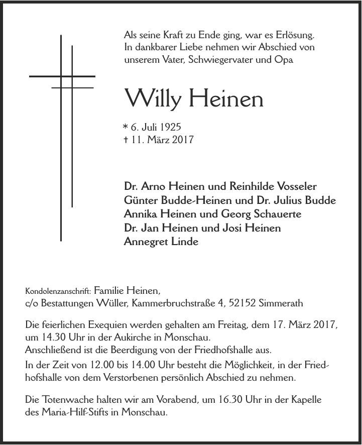 Traueranzeige von Willy Heinen
