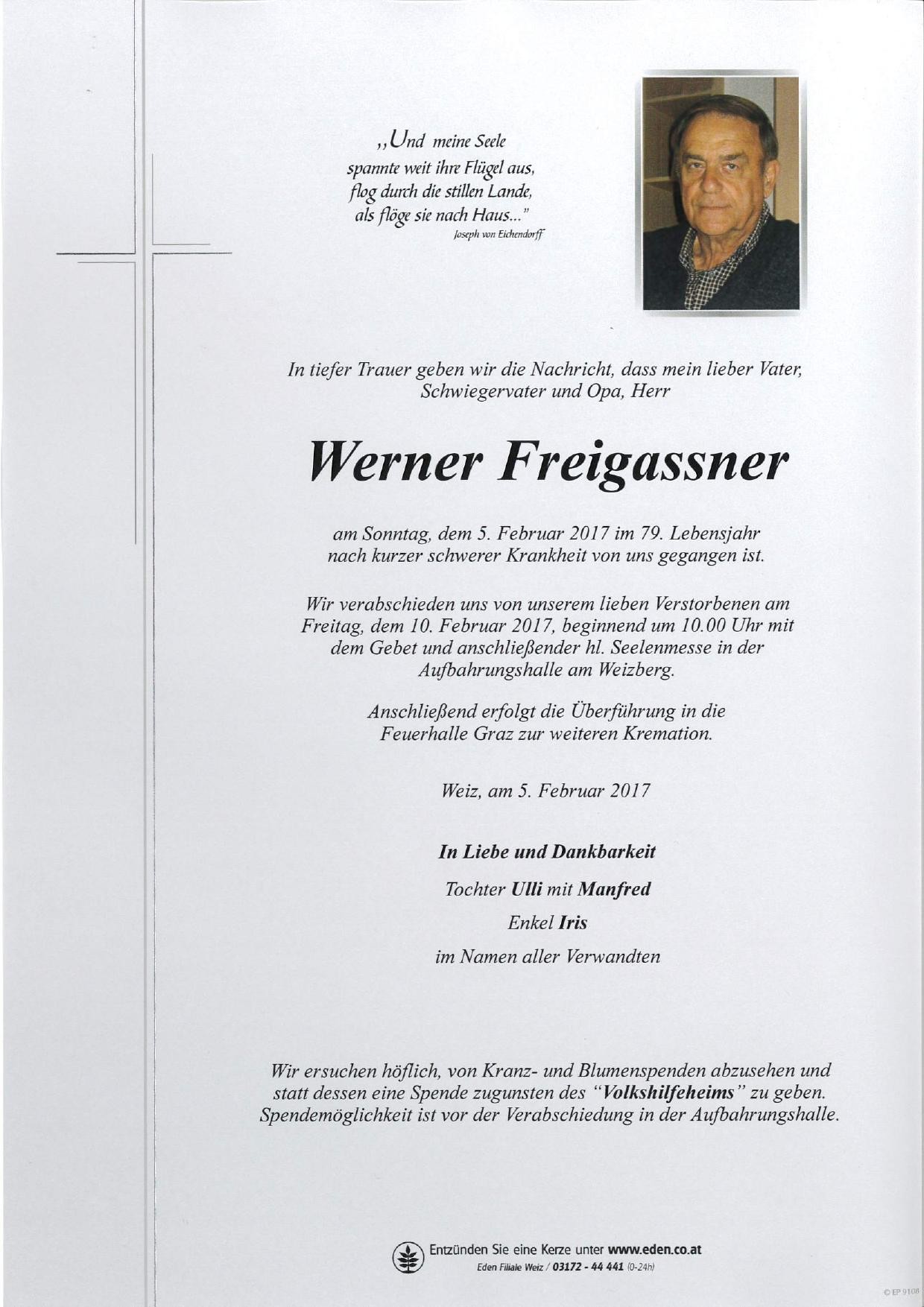 Traueranzeige von Werner Freigassner